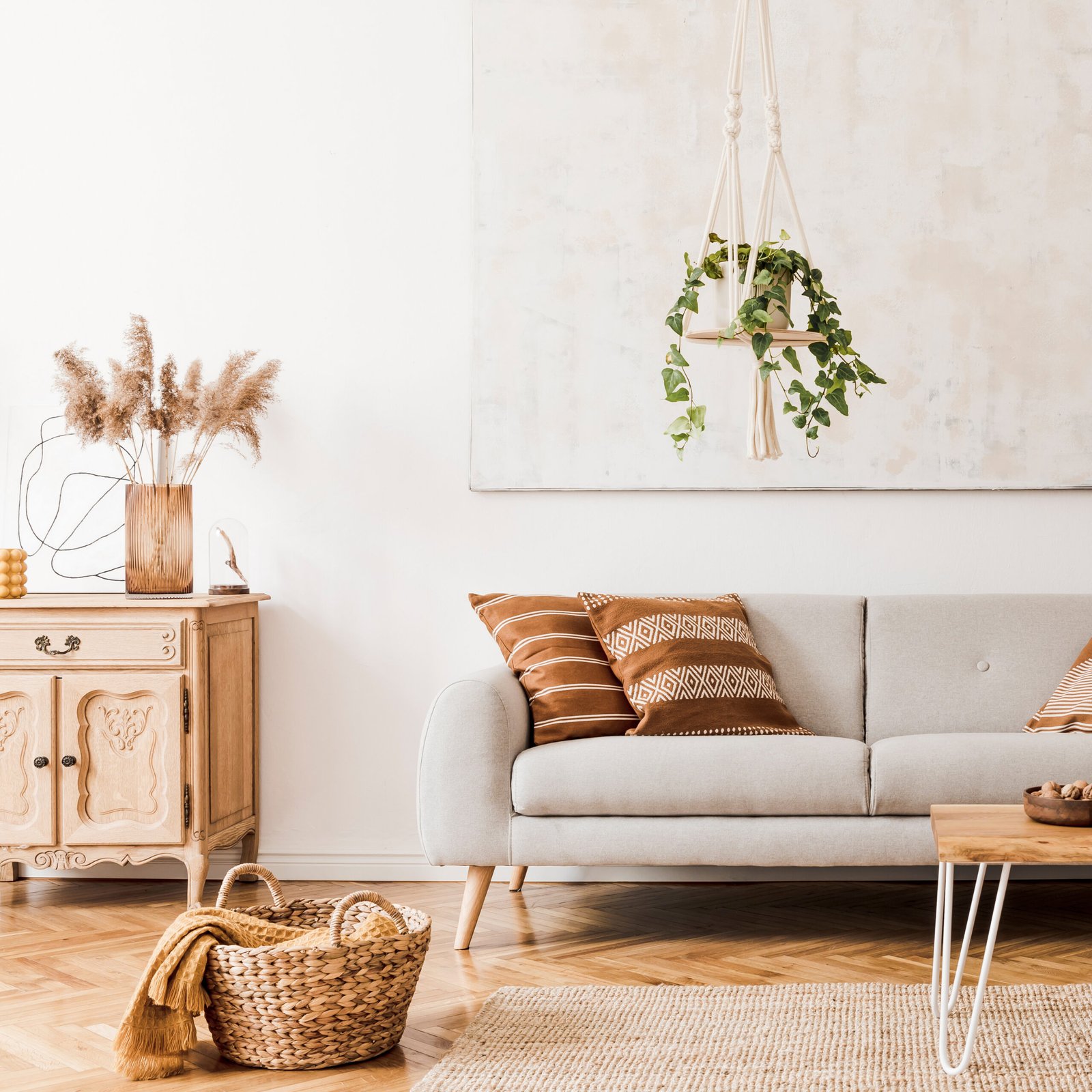 Stylish composition of creative and cozy living room interior with grey sofa, coffee table, plants, carpet and beautiful accessories. White walls and parquet floor.