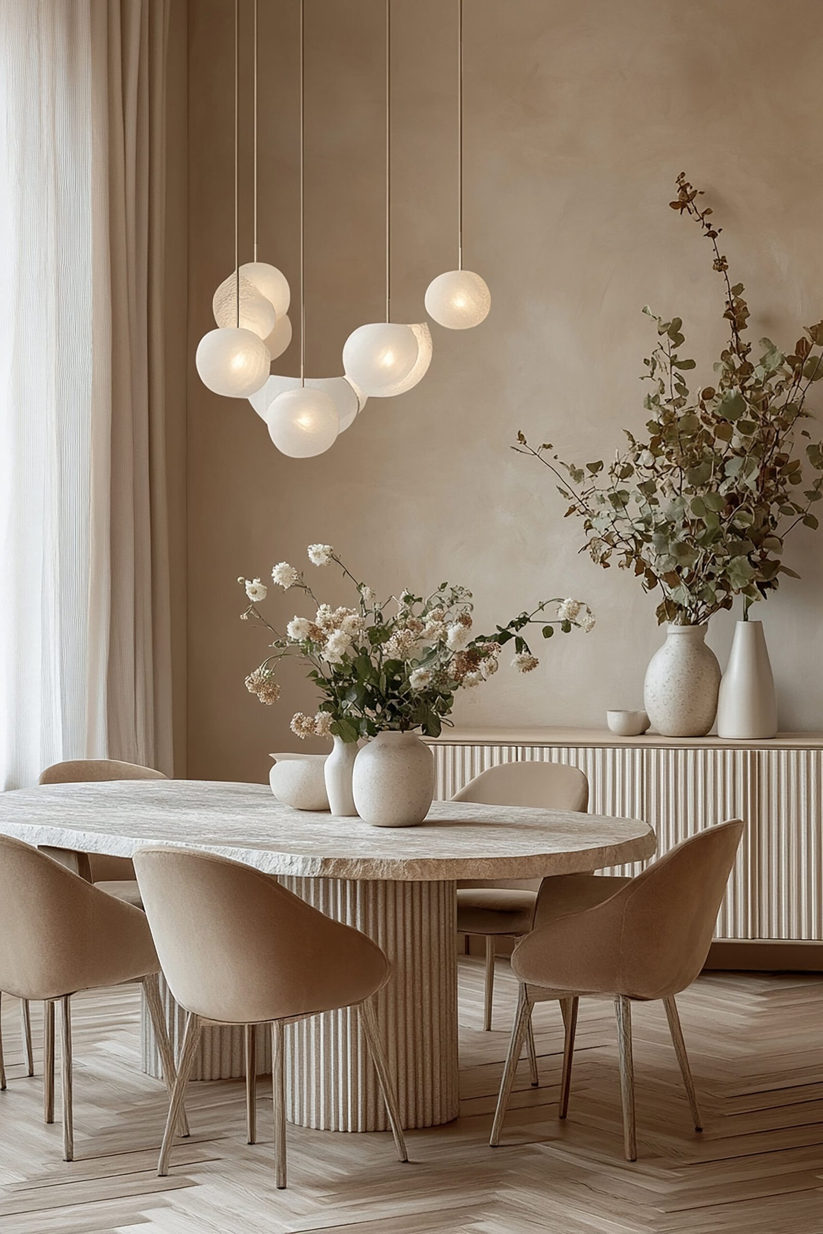 Large table with chairs and a flower on it. Over it hangs a large ceiling lamp. A side board with flower arrangement on it. 