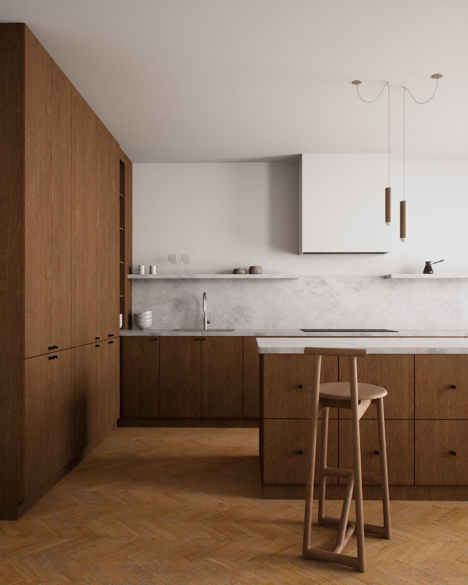 Stylish modern kitchen featuring wood cabinetry and marble countertop, perfect for contemporary homes. 3D Render