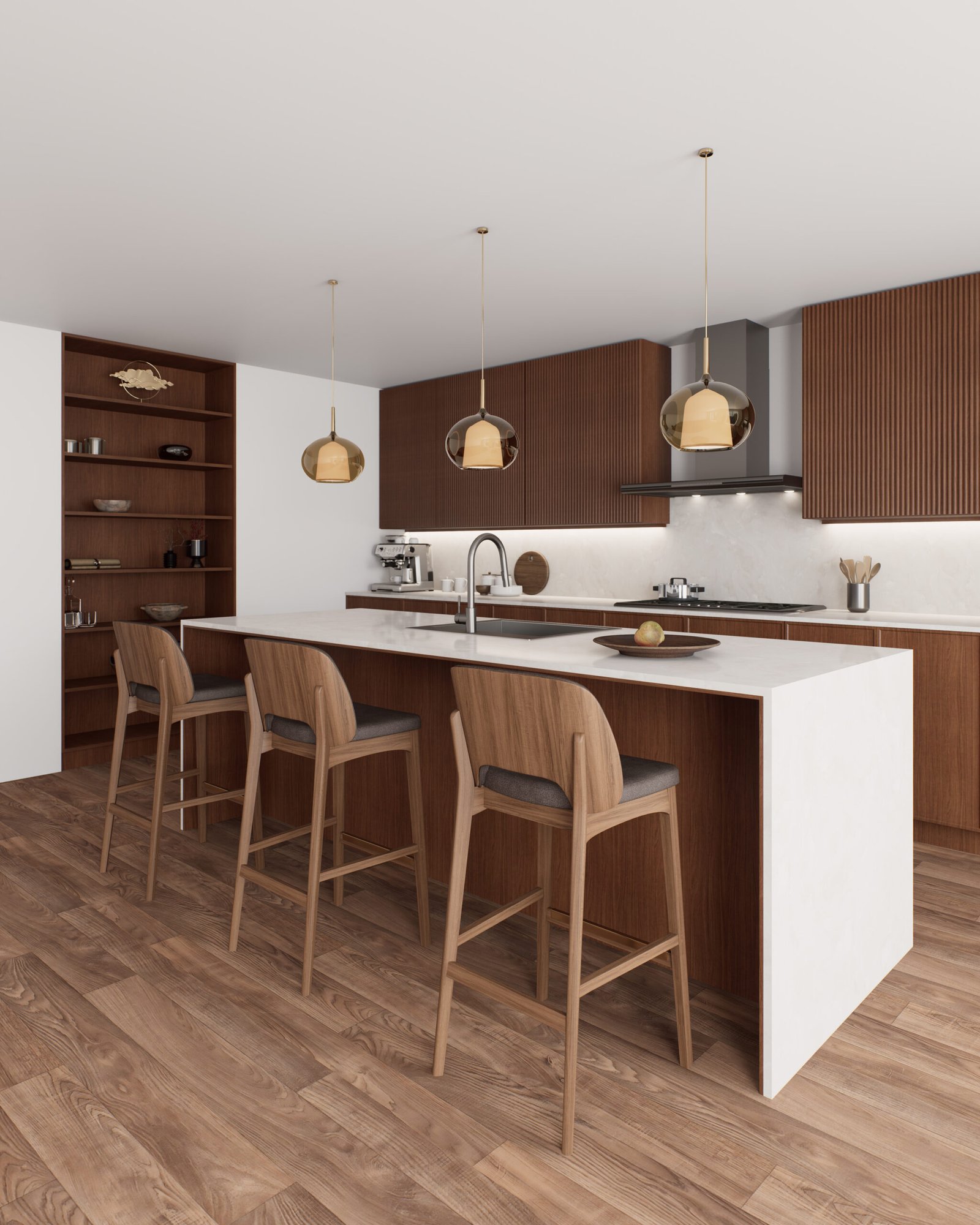 This kitchen features exquisite wood cabinets, inviting bar stools, and elegant lighting that enhance the ambiance. 3d render