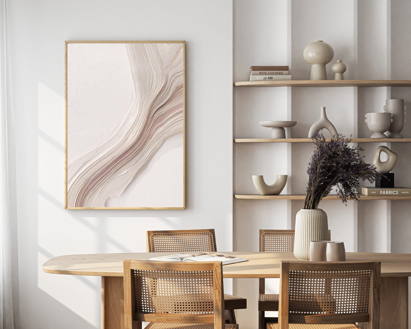 This minimalist modern art poster features abstract lines in a neutral color palette of white, beige, and subtle burgundy. The calm and balanced composition, enhanced by natural textures and soft shadows, embodies Scandinavian and Japanese-inspired aesthetics, creating a serene and sophisticated atmosphere. Printed on high-quality matte paper, this poster adds a refined and contemporary touch to any space. Perfect for art enthusiasts and those who appreciate modern, minimalist design.
