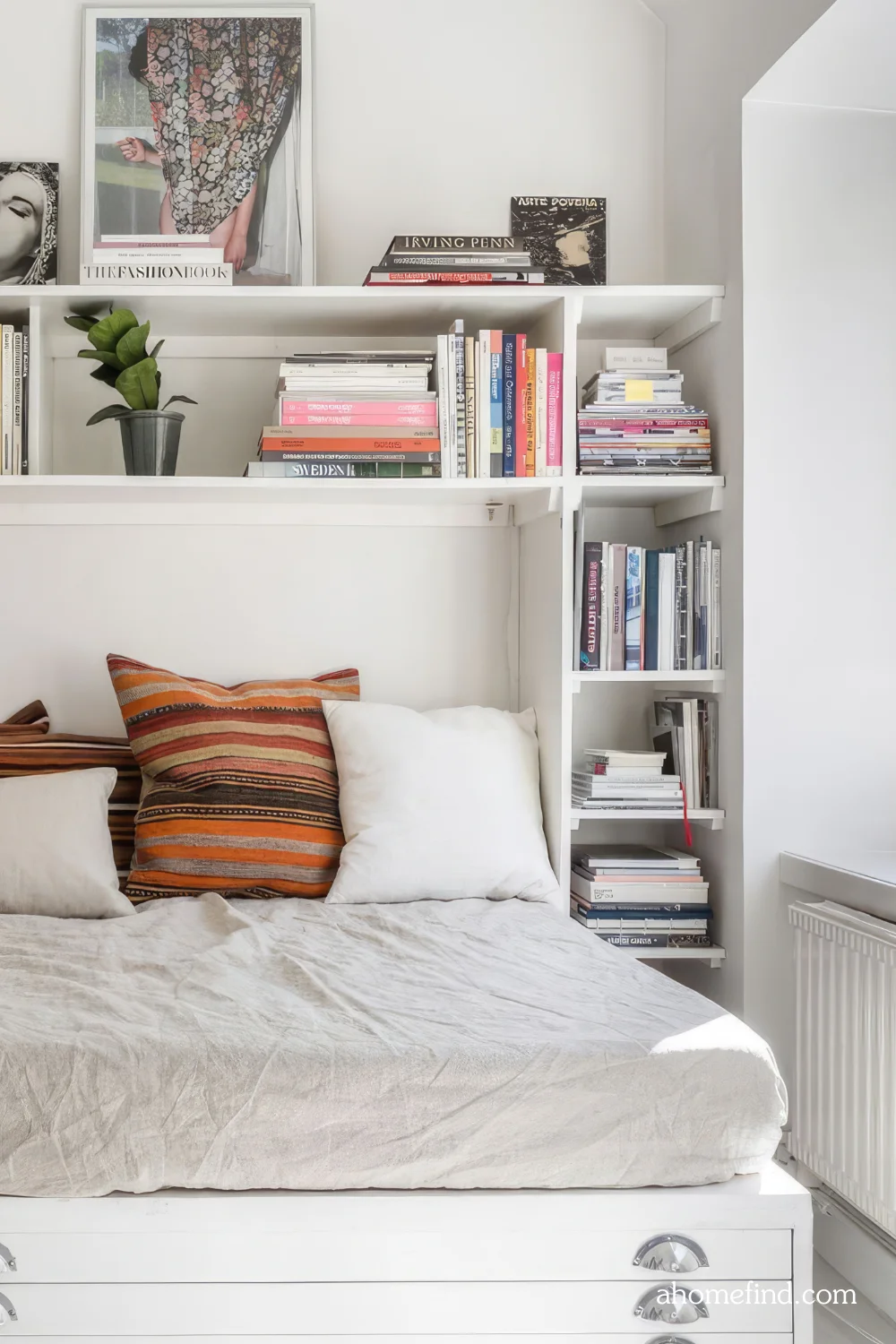 Space-saving furniture hacks with a large bed and under bed storage. Bookshelves around the bed. Scaled. 