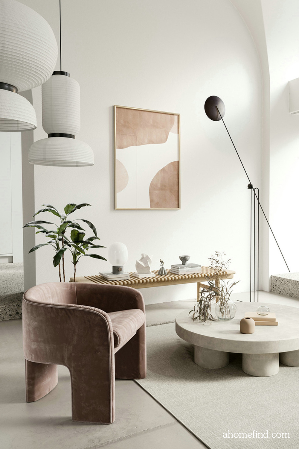 japandi living room with paper lanterns and minimalist design. 