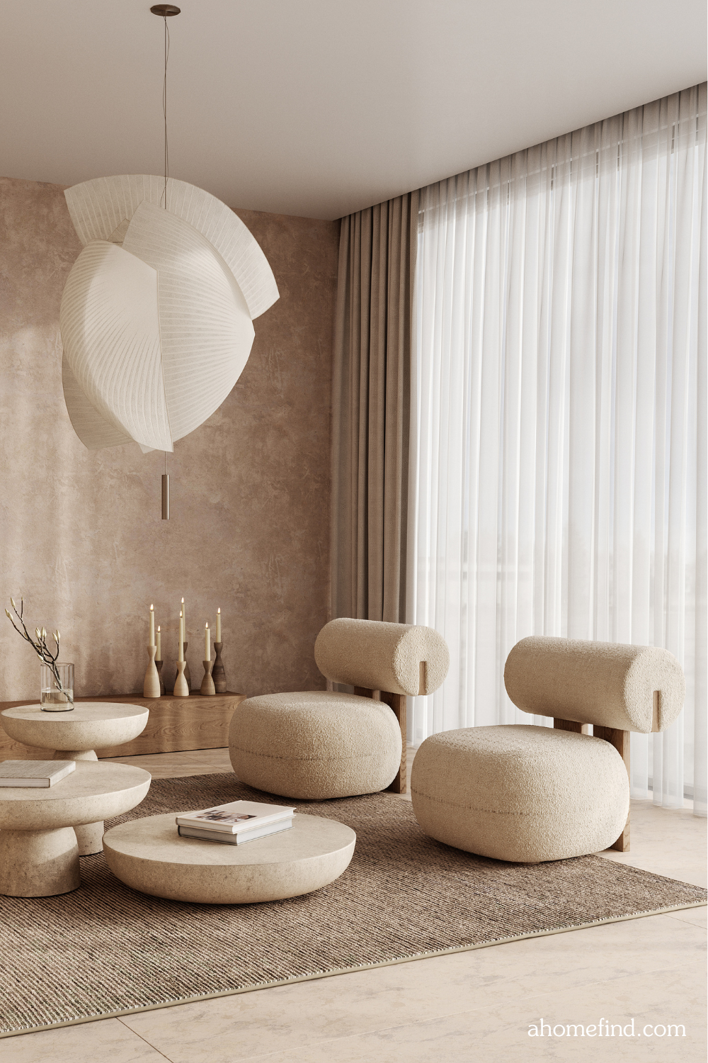 Contemporary classic white beige interior with furniture and decor - carpet background. Large modern japanese lamp and nature view. 3d rendering. High quality 3d illustration.