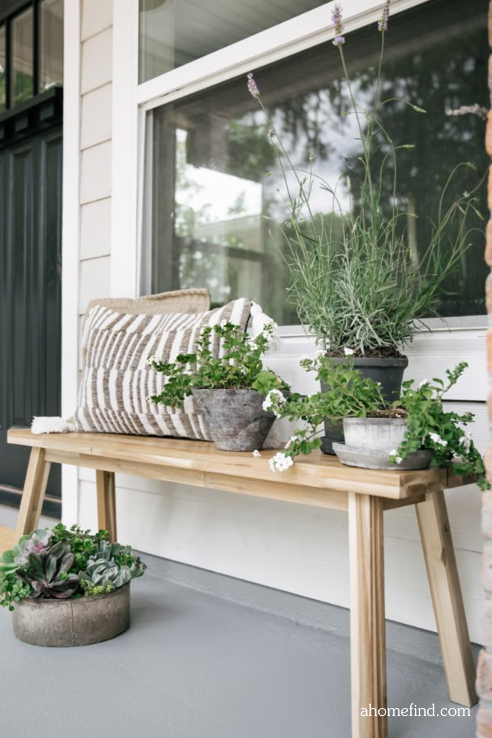 Rustic spring porch inspiration and Floral front porch arrangements. Closeup. 