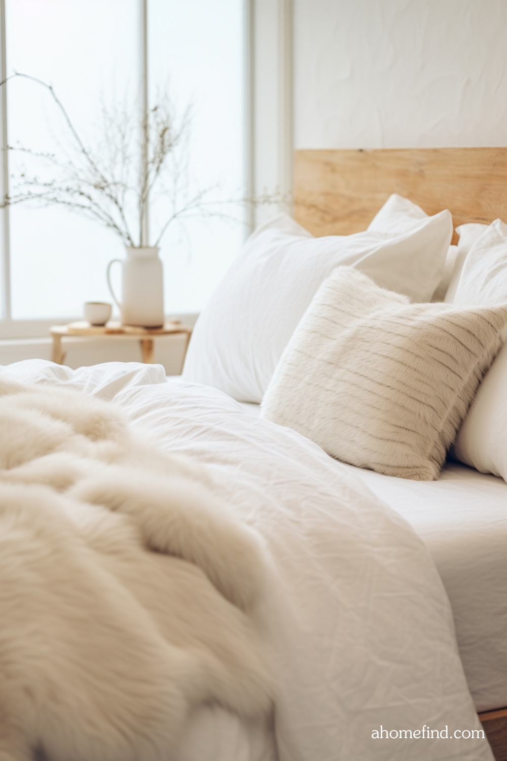 Neutral bedding in a neutral room on a bed. A window and a vase with flowers in it. 