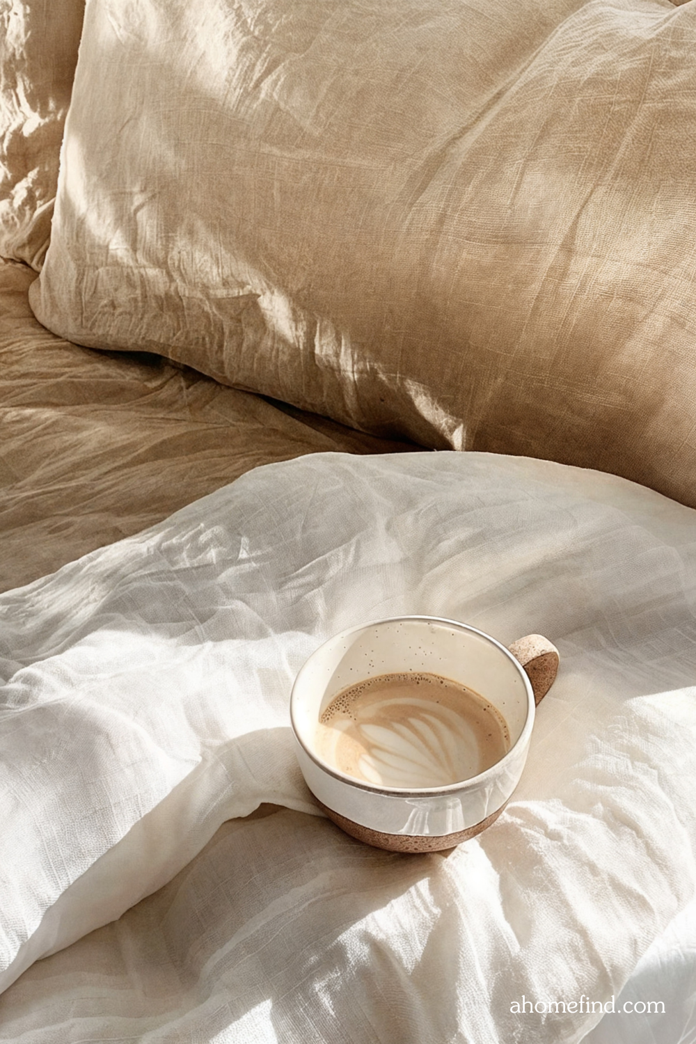 Bed sheets with a coffee on the bed. 