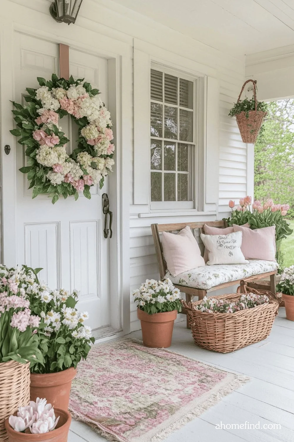 Spring wreath for front door with Outdoor seating ideas for spring and Floral front porch arrangements. 