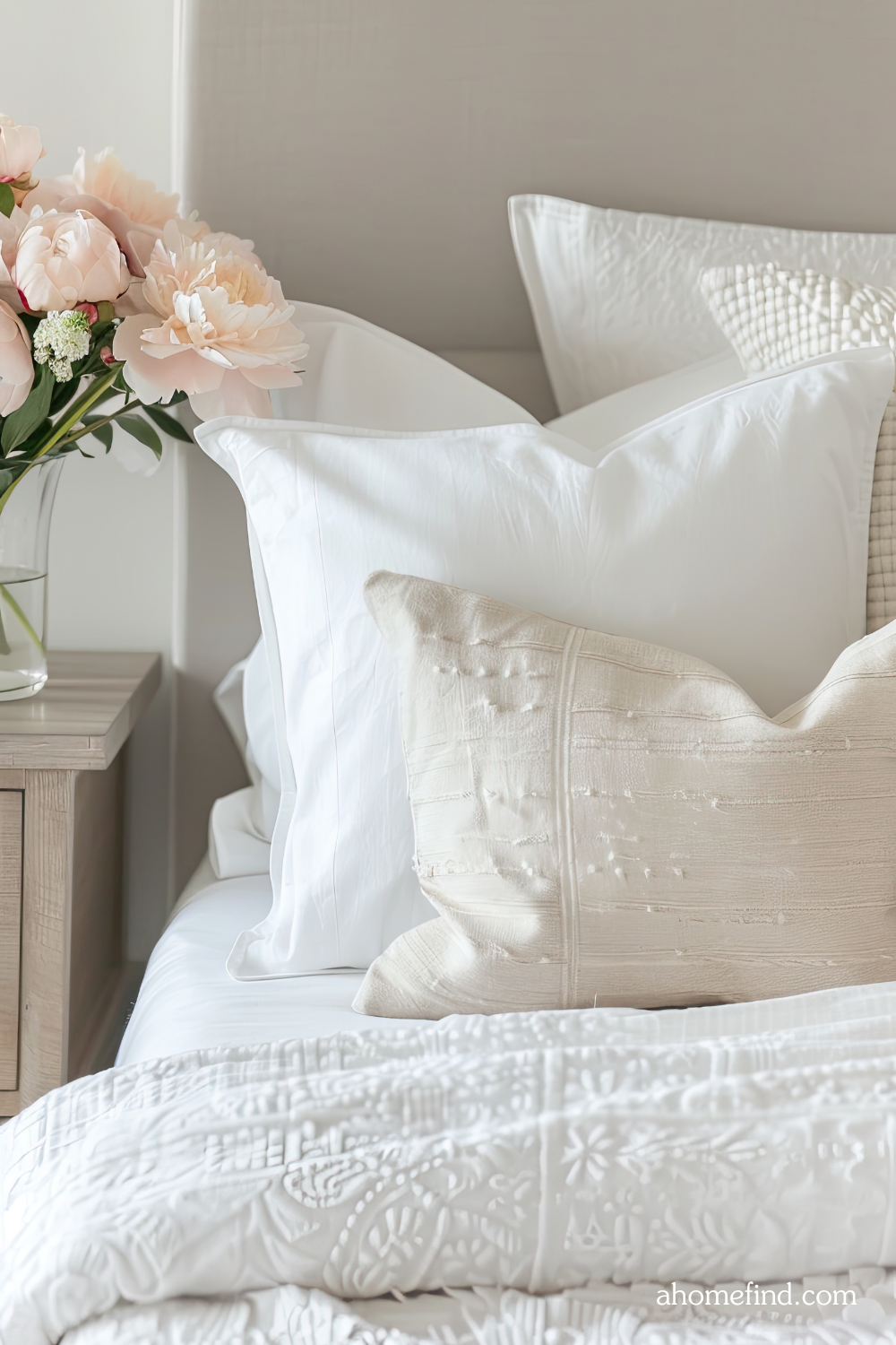 Embroided bed sheets in a neutral bed. A bedside table with a vase with flowers on it. Scaled. 