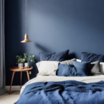 A moody dark blue bedroom with bedside table and dark blue bedding.