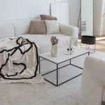 Small apartment interior design with white sofa and a white armchair. A coffee table in the middle.