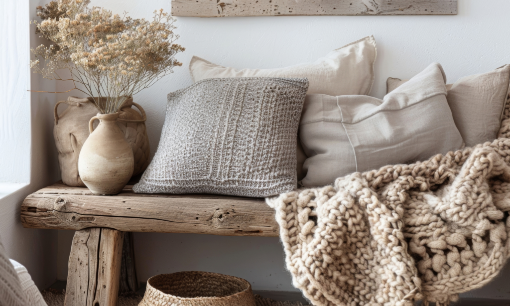 interior design tips. a wooden bench with pillows and a throw on it. a vase with flowers.