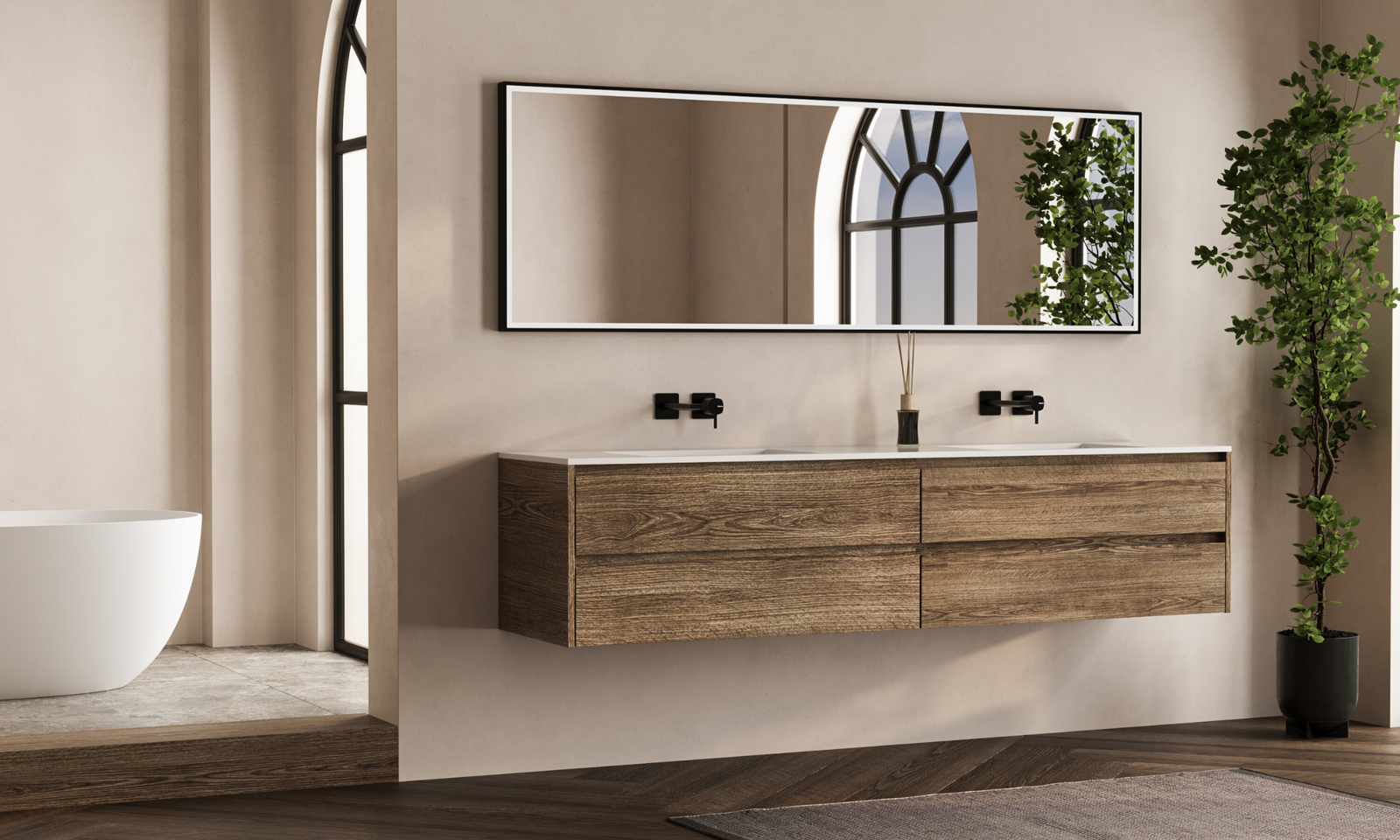 Minimalist bathroom with wooden vanity and a large mirror.