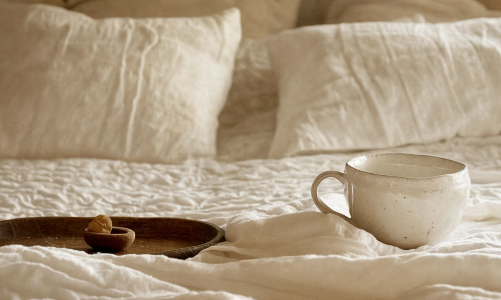 Closeup on perfect bed sheets in a white color, a wooden brick and a coffee mug. Scaled.