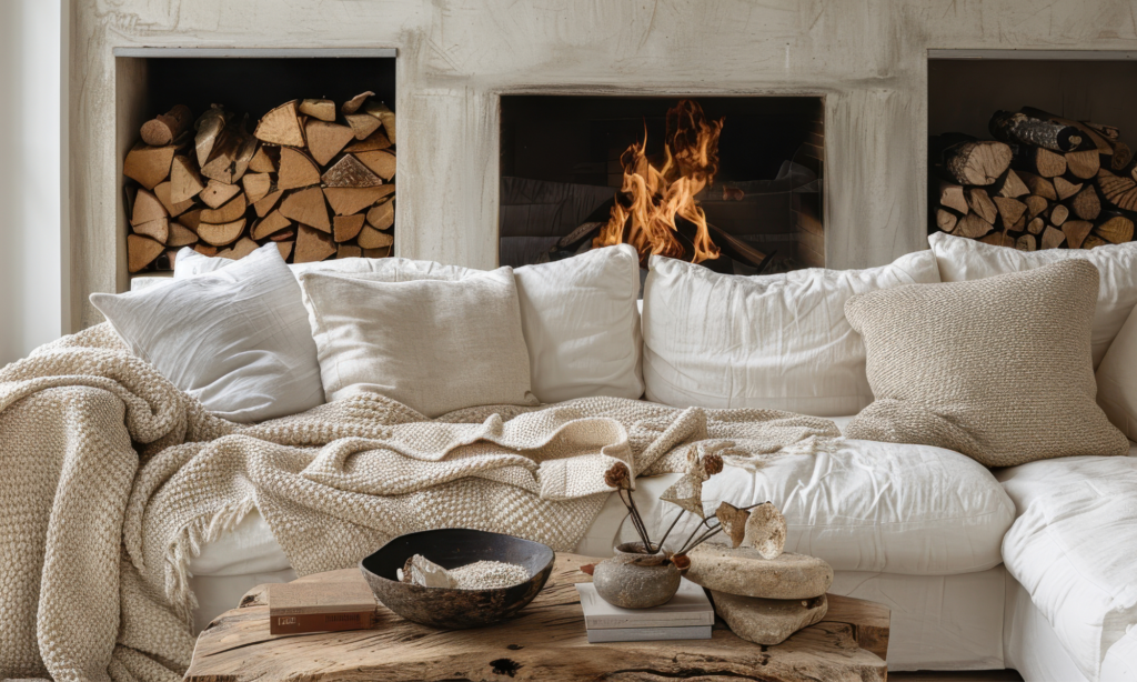 interior design styles and a white couch with a wooden coffee table.