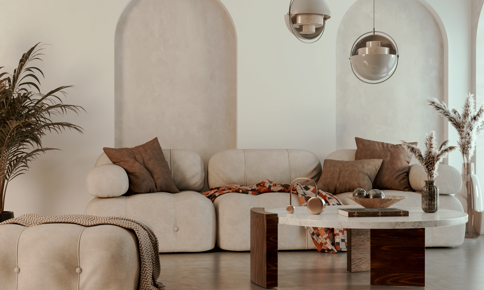 A japandi living room with a beige couch, earthy tones and a coffee table with wooden legs. Hanging ceiling lamps. Scaled.