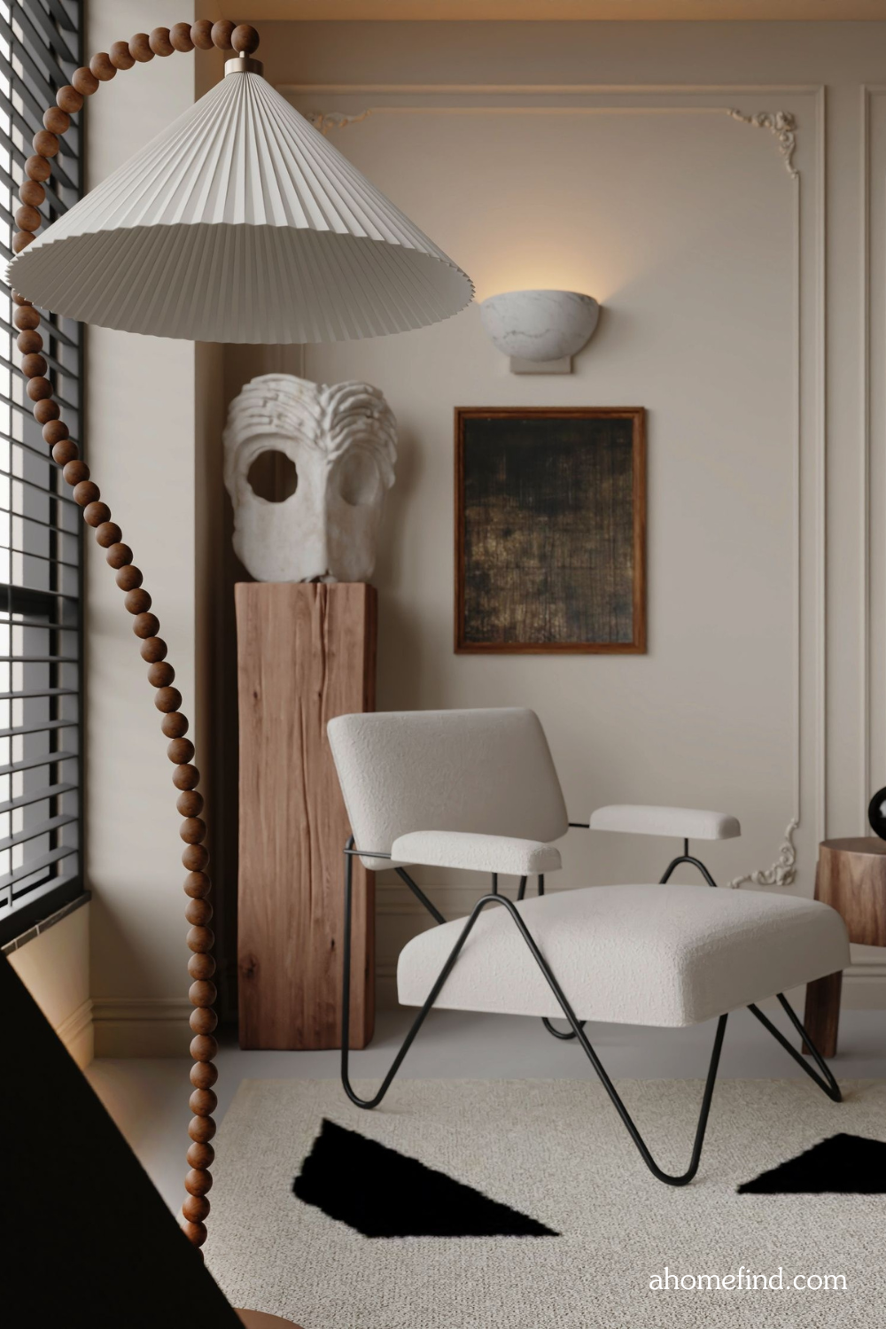 Warm vs cool light and the Best lighting for living room. An armchair and a crooked table lamp. Wooden details. 