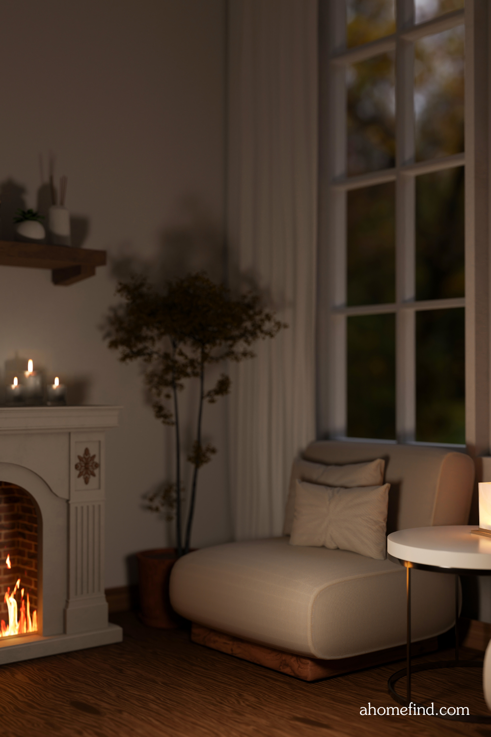 Best lighting for living room with a beige armchair and a fireplace. Cozy lighting ambiance. 