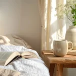 How to arrange a small bedroom. A wooden bedside table with a vase with flowers and a bed with a book on it. Scaled.