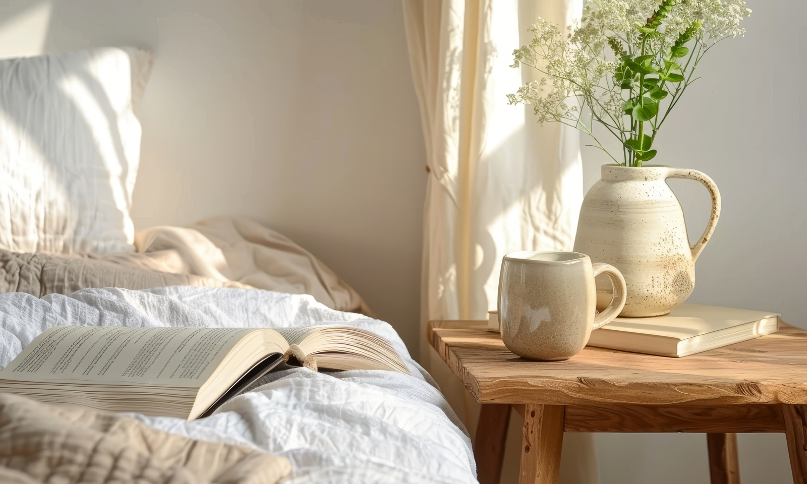 How to arrange a small bedroom. A wooden bedside table with a vase with flowers and a bed with a book on it. Scaled.