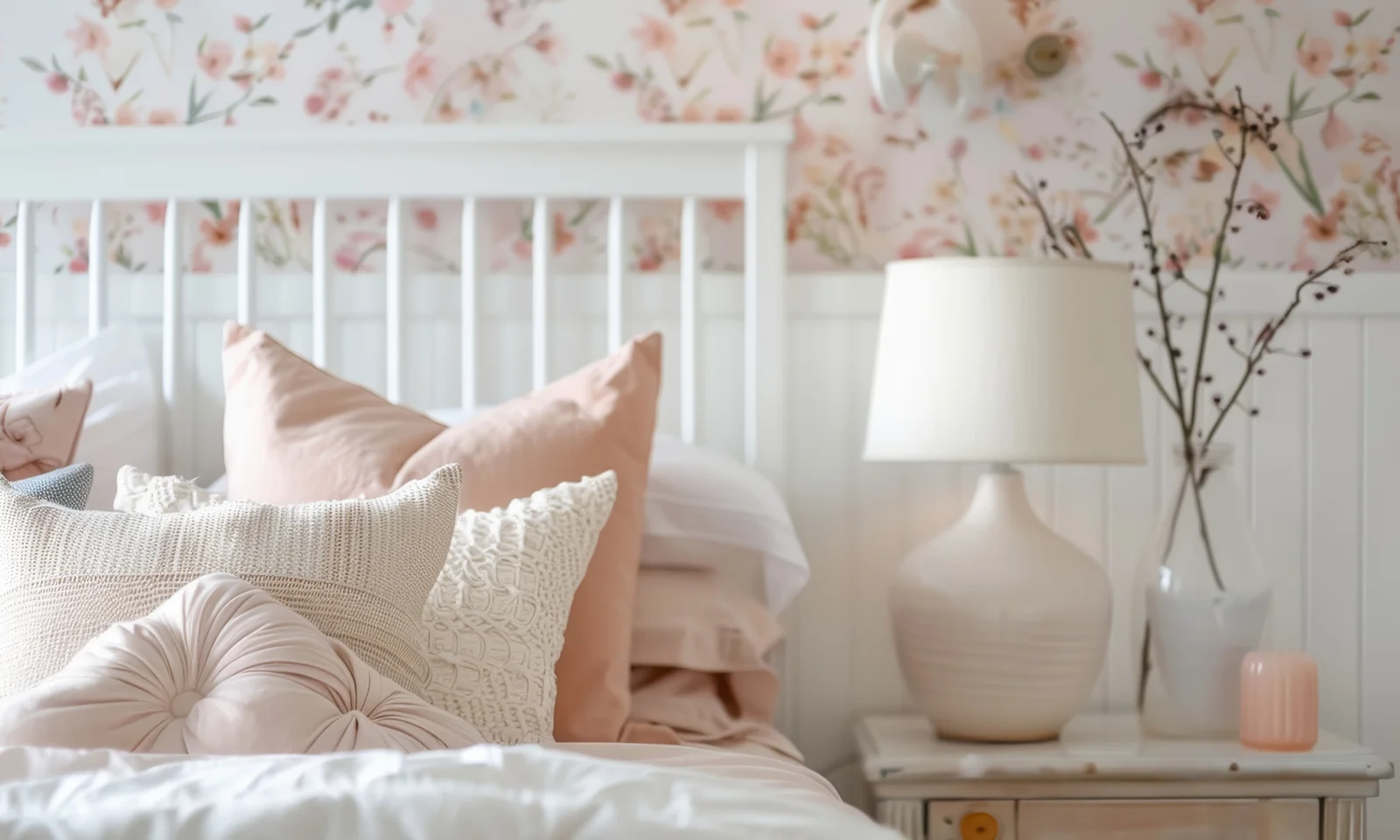 spring bedroom decor ideas with pastel colors, a table lamp and flower details.