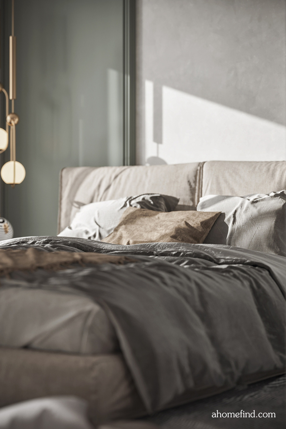 Minimalist bedroom design with Compact bedroom furniture in neutral colors. A large bed and a ceiling light. Scaled. 