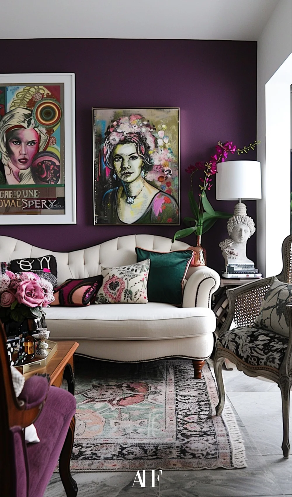 A bold maximalist interior design living room with purple wall and layering patterns and textures. how to decorate with maximalist style.