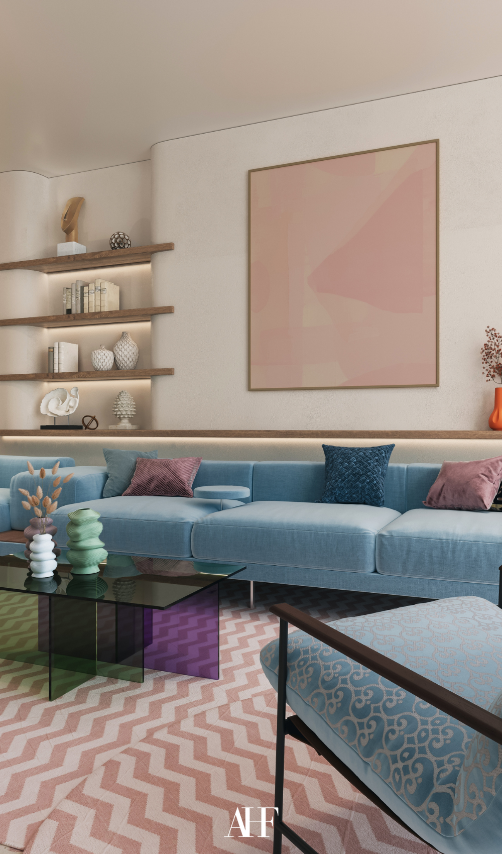 Pastel colored living room with a large blue sofa and a colored glass coffee table. A wall art on the wall. vibrant summer interior updates.