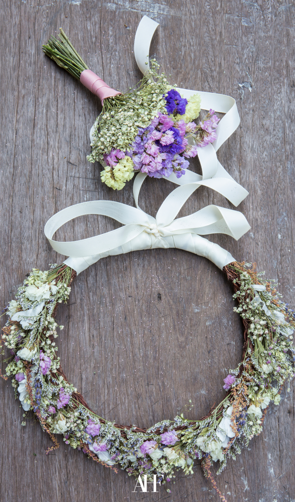 midsummer floral crown on a wooden table.