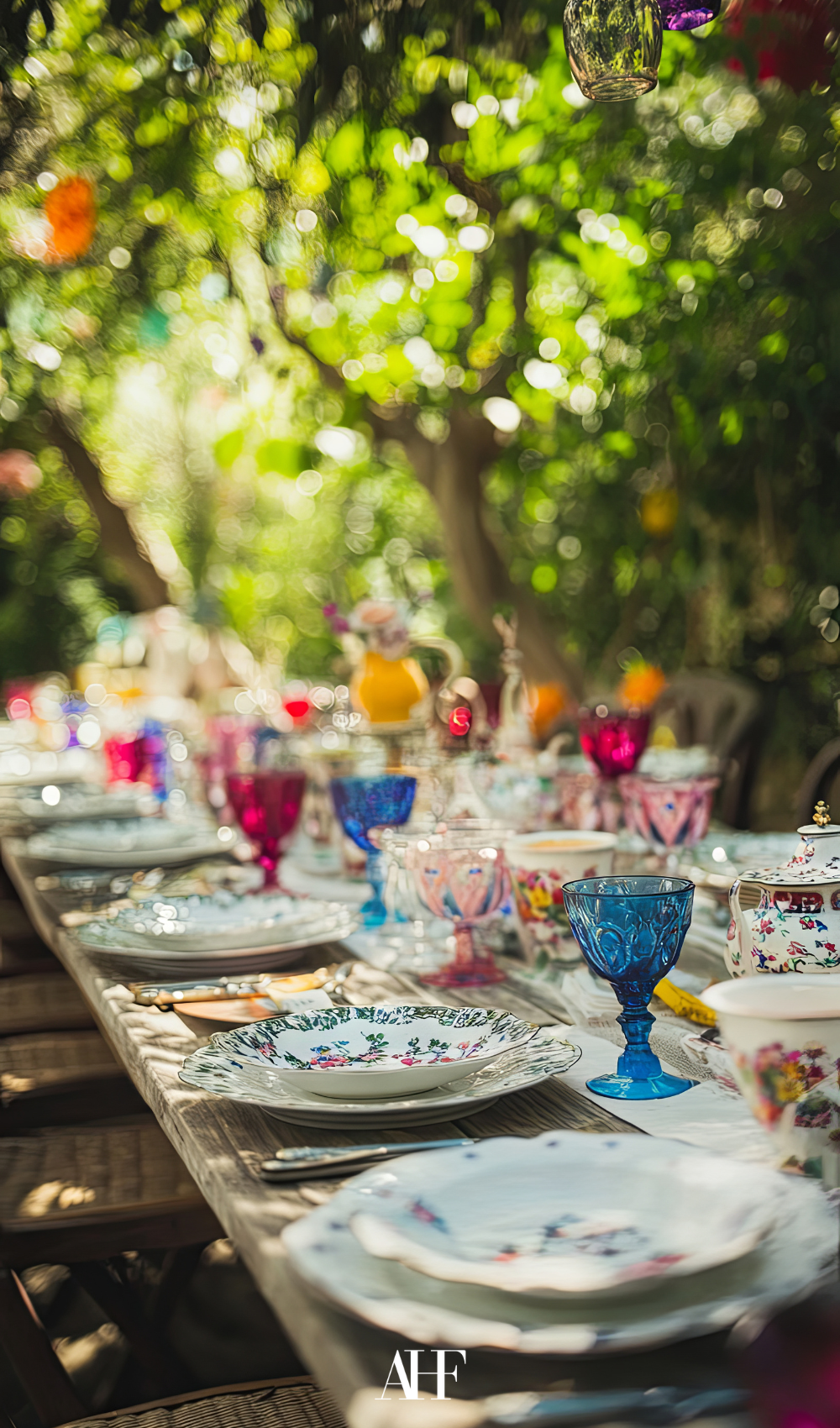 Colorful midsummer table setting with colorful glasses and dinnerware on a wooden dining table.