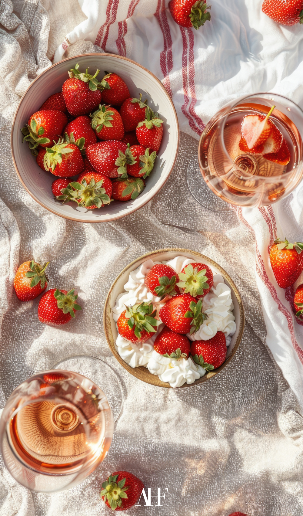 A picture from above with strawberries and whiped cream. A picknick setup. Midsummer table setting.