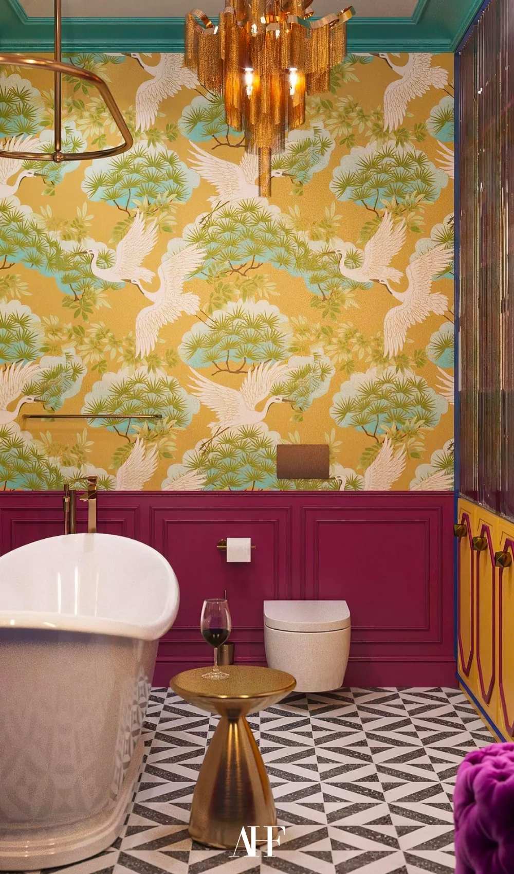 A maximalist interior design with a yellow wall and a bathtub. bold interior design.