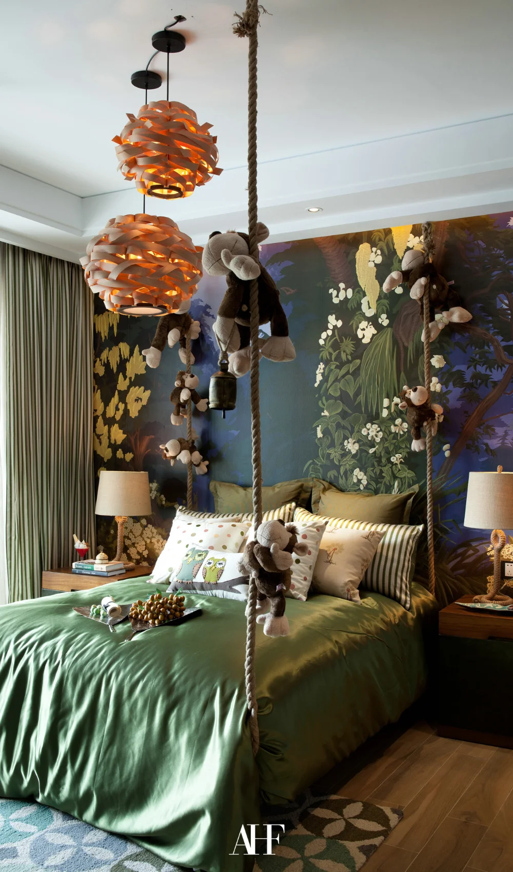 A maximalist interior design bedroom with green details and black walls. Bold interior design.