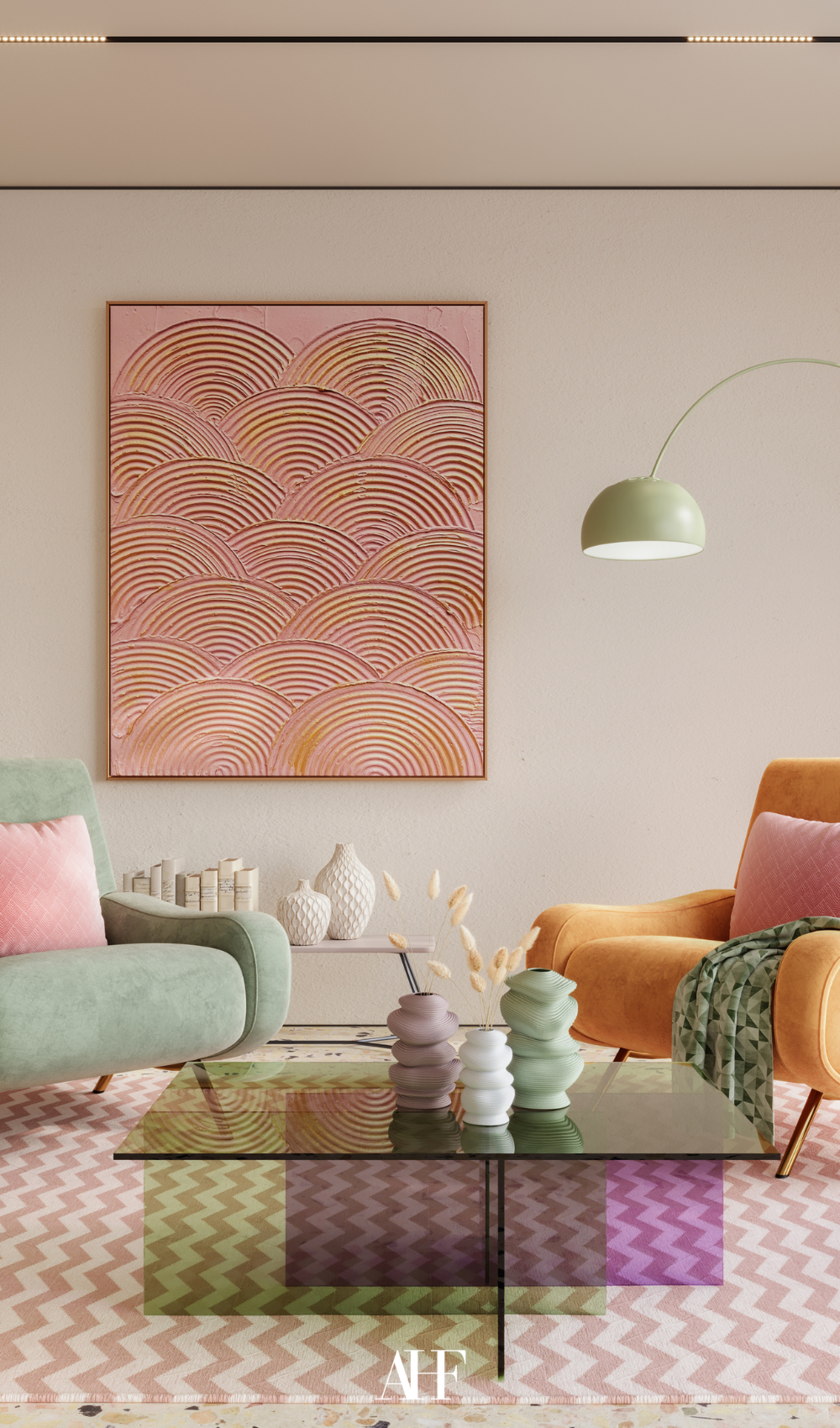 Soft color palette with a pastel rug, table armchairs and wall art. Colorful summer home refresh.