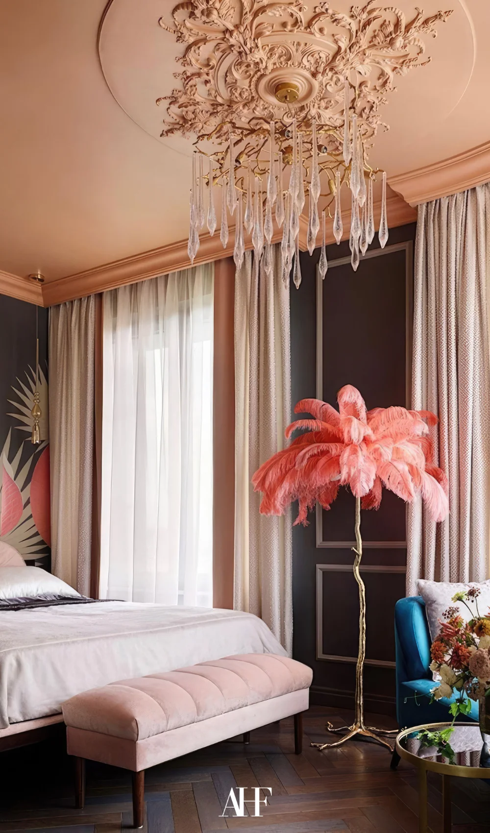 A maximalist bedroom with bold interior design and strong pink details. Maximalist interior design.