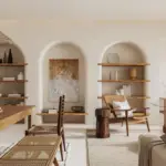 Interior design styles with neutral color palettes and wooden decor pieces. A living room/kitchen. Scaled.