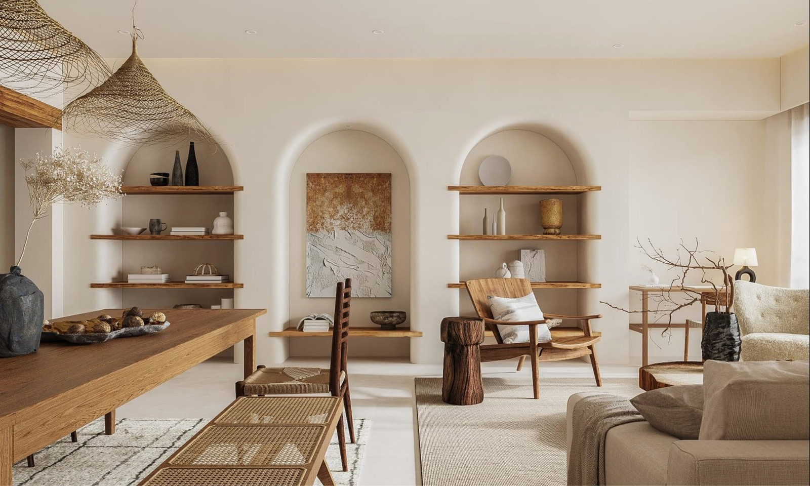 Interior design styles with neutral color palettes and wooden decor pieces. A living room/kitchen. Scaled.