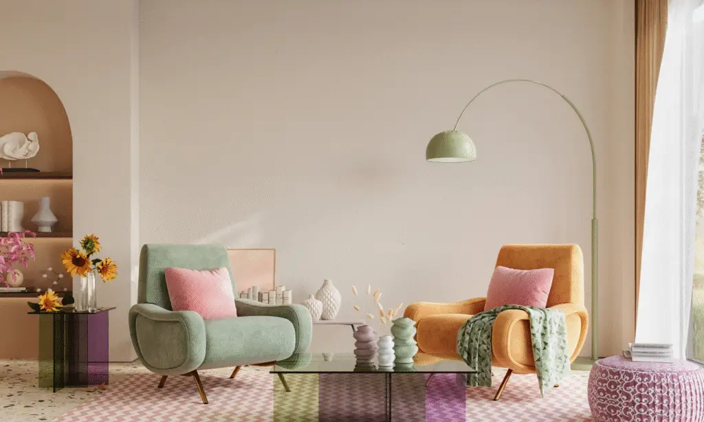 Soft color palette with a pastel rug, table and armchairs. Colorful summer home refresh.