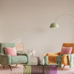 Soft color palette with a pastel rug, table and armchairs. Colorful summer home refresh.