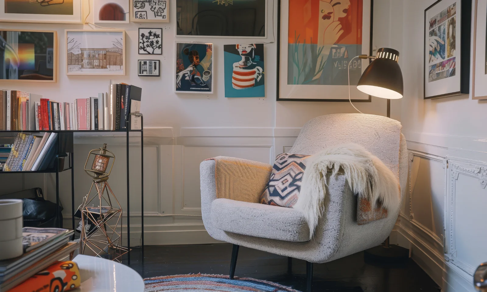 A maximalist living room with lots of art on the wall and a white armchair. Biold inteiror design.