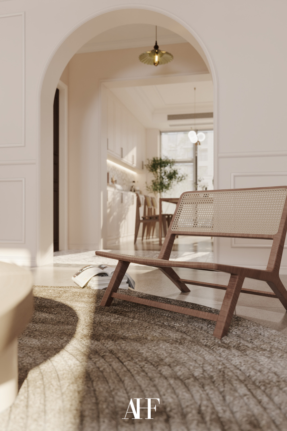 Interior design styles. Scandinavian interior with a wooden and rattan armchair. A closeup.