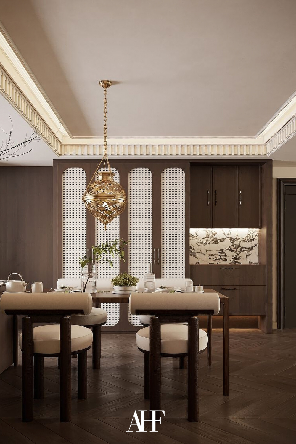 Interior design styles with dark wooden details and a beige color palette. A dining table with beige and dark wooden chairs. Scaled.