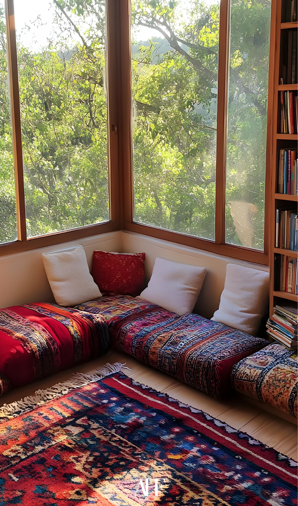 A sunroom with a patterned rug and a low seating area. Big windows and a bookshelf.