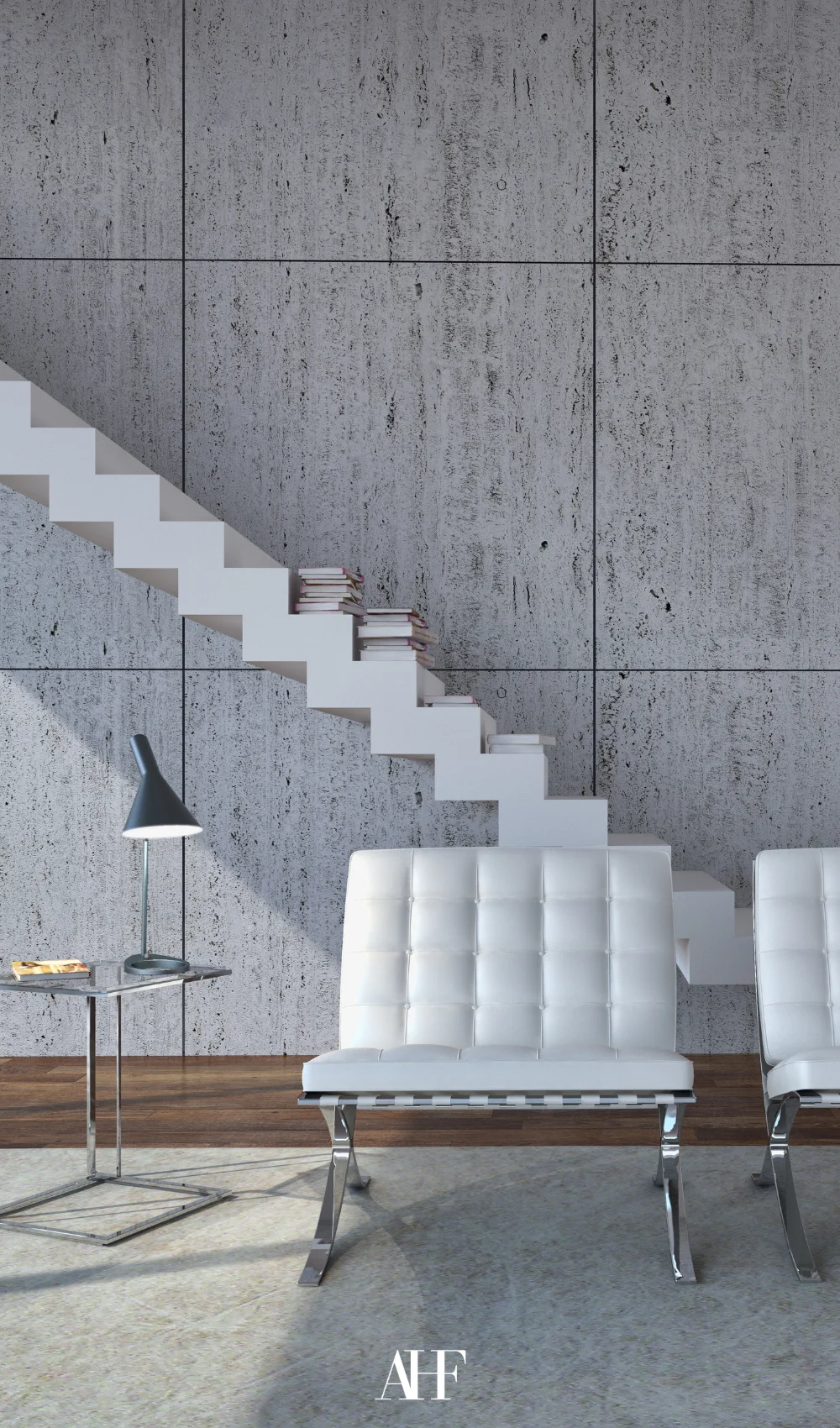 A concrete wall and a white stair, a white armchair and a black table lamp.