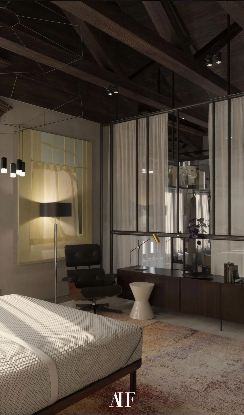 Industrial bedroom with a beige bedding and wall lamp and windows inside. Black details.