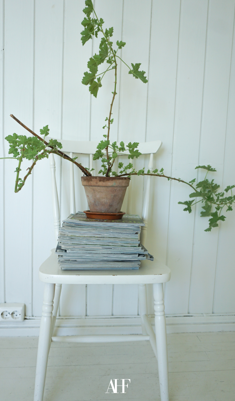 A white wooden panel wall with a white wooden chair in front of it. On the chair is a pile of magazines and a planer with a plant on the magazines.