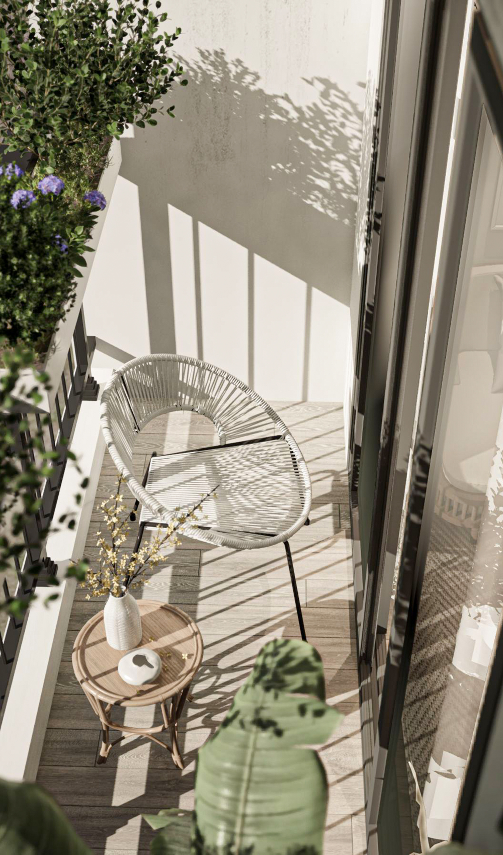 a summer patio from above with white armchairs and platns.