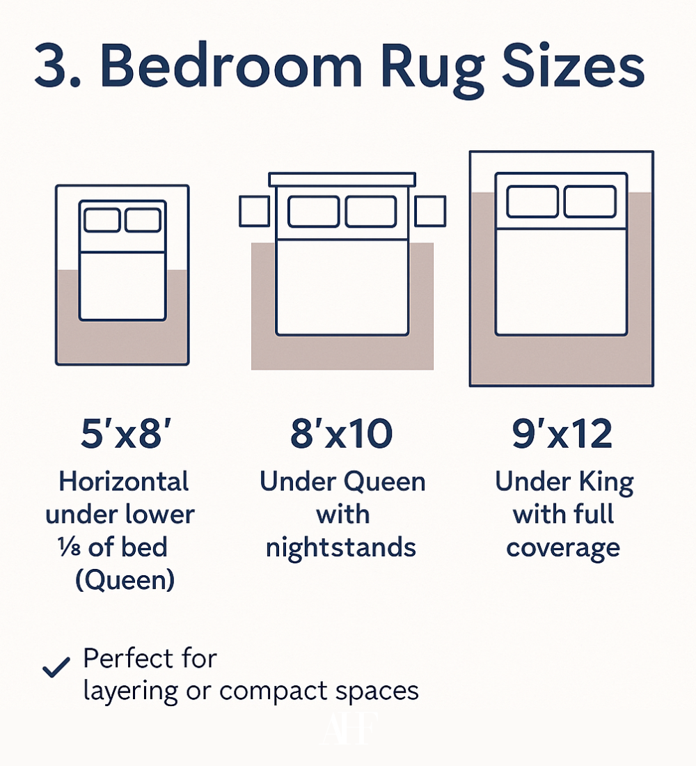 Infographic picture of a rug size guide in a bedroom. Three different sizes.