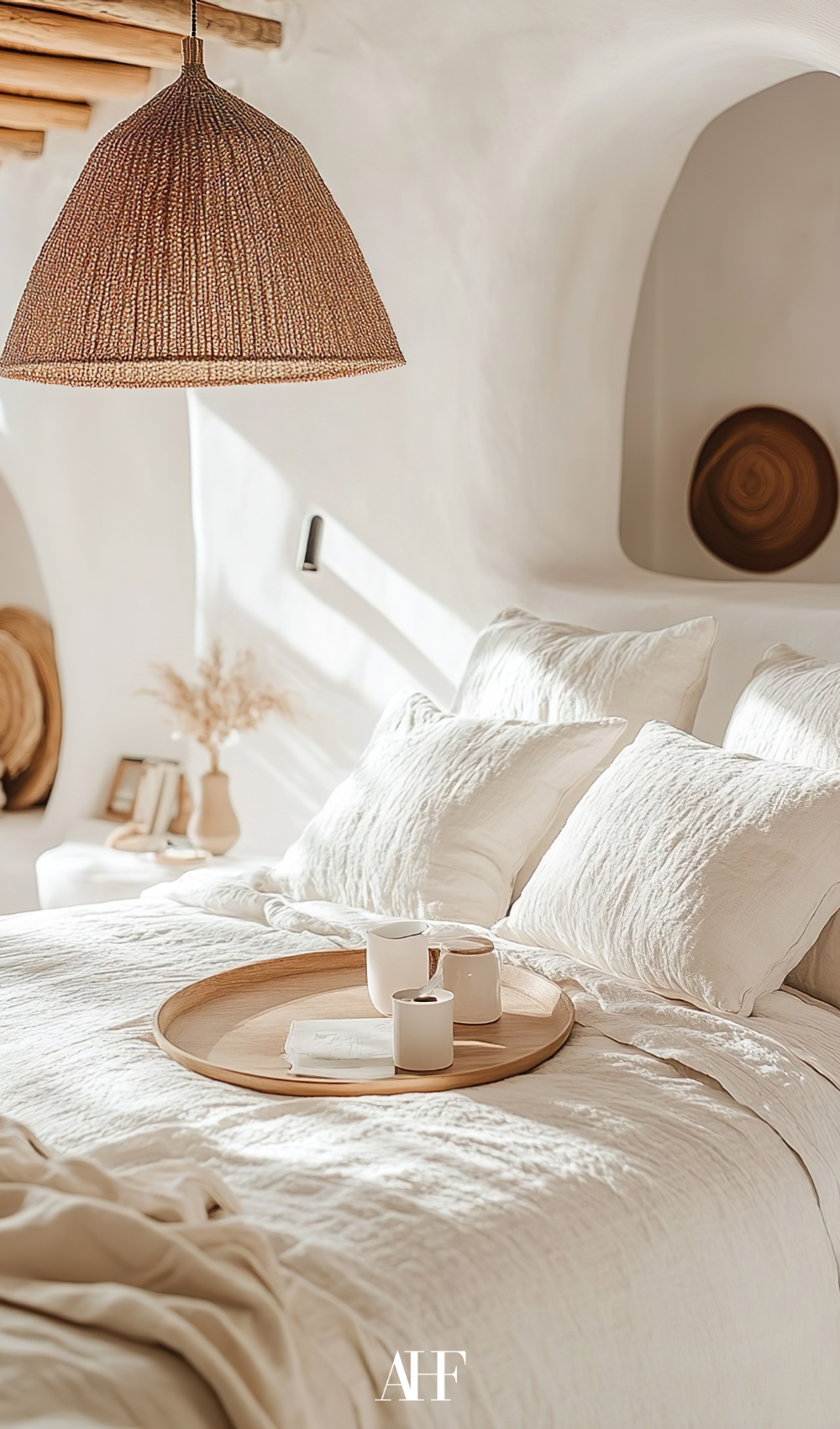 A white bedroom with white walls, white bedding and a wooden plate on the bed. Earthy bedroom ideas.
