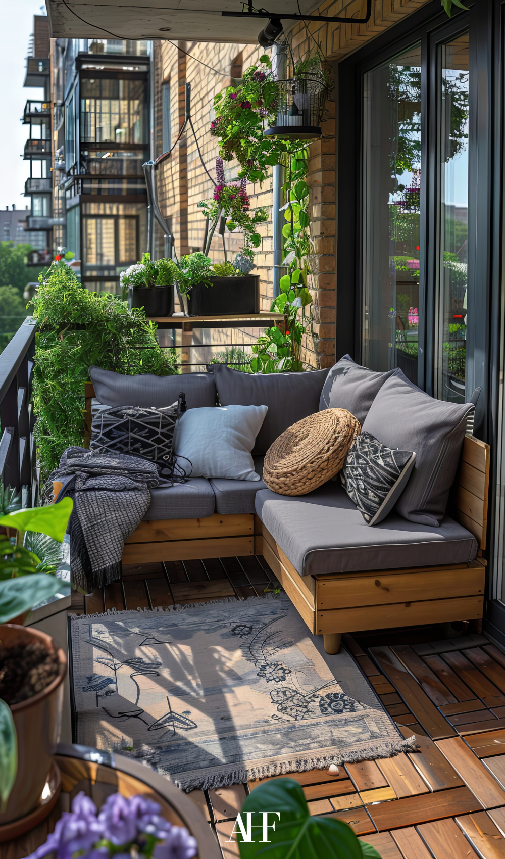 A small balcony with a wooden sofa with grey cushions, large windows behind it and lots of plants.